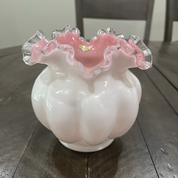 Fenton Other - Fenton Peach Pink Crest Mellon Vase Silver Crest White Milk Glass Sticker 1940s